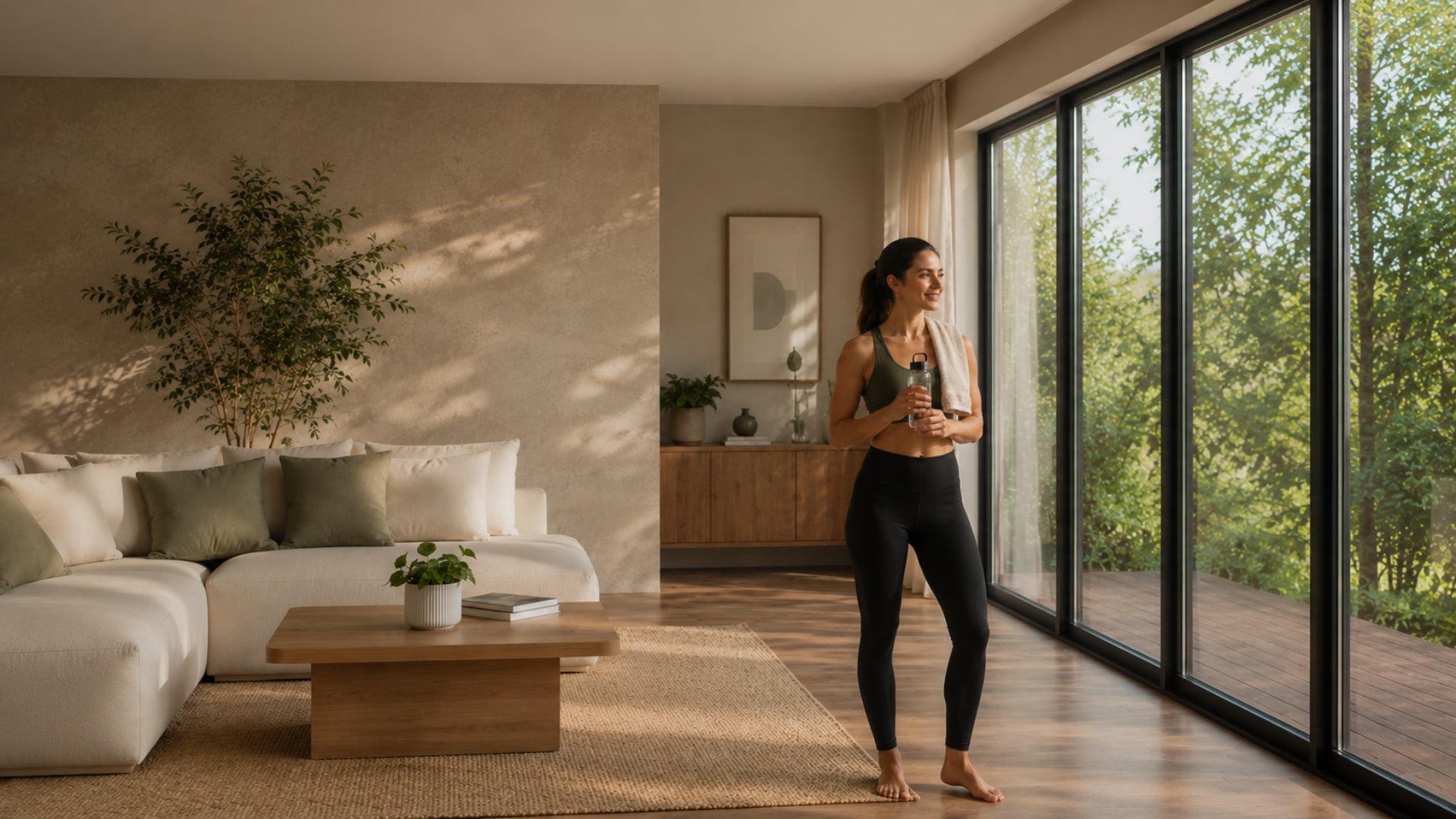 Woman standing in a modern living room with large windows and greenery outside