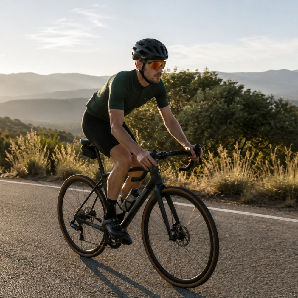 Man riding a bicycle on a road with mountains in the background