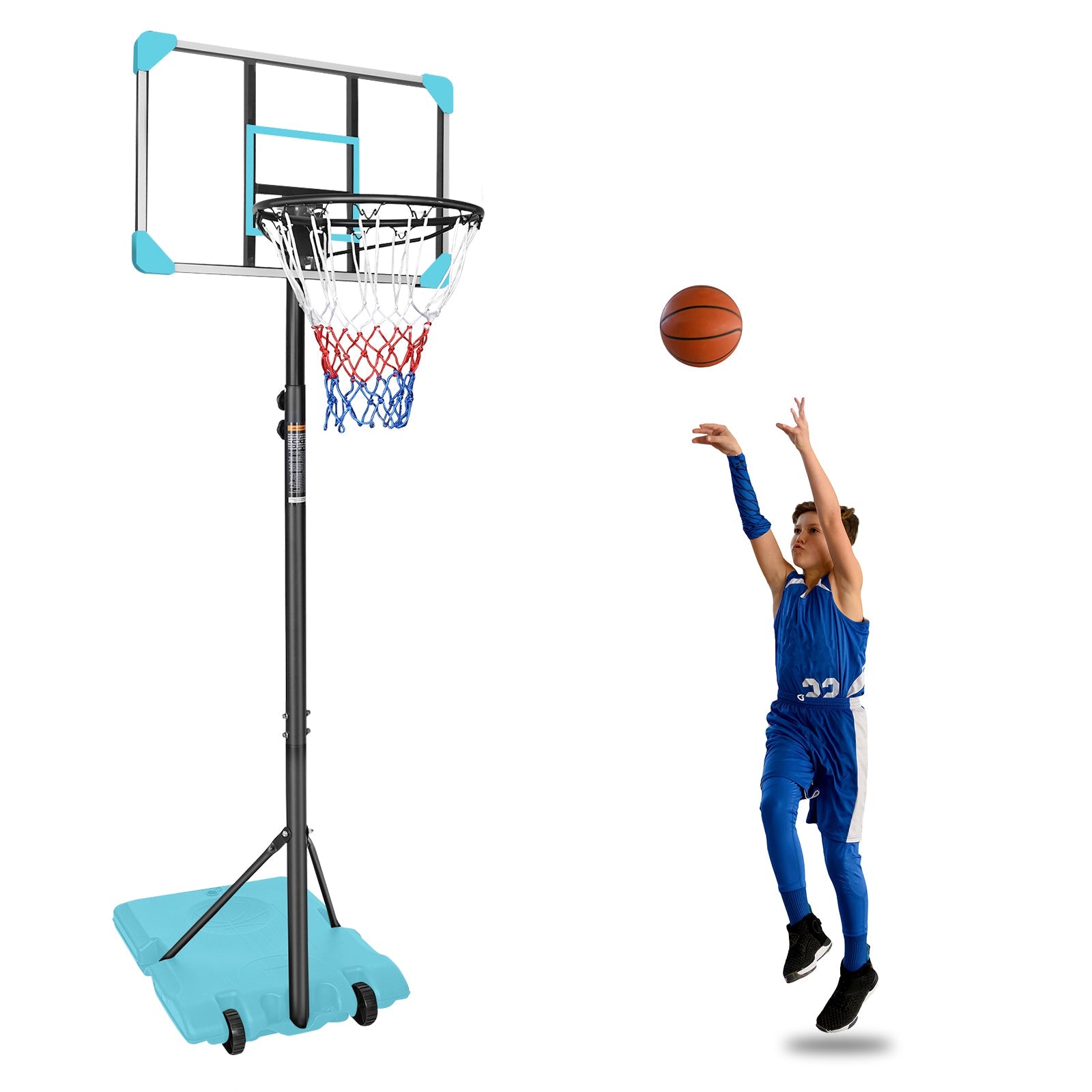 Portable Basketball Goal System Adjustable Height Wheels Stable Base Hoop