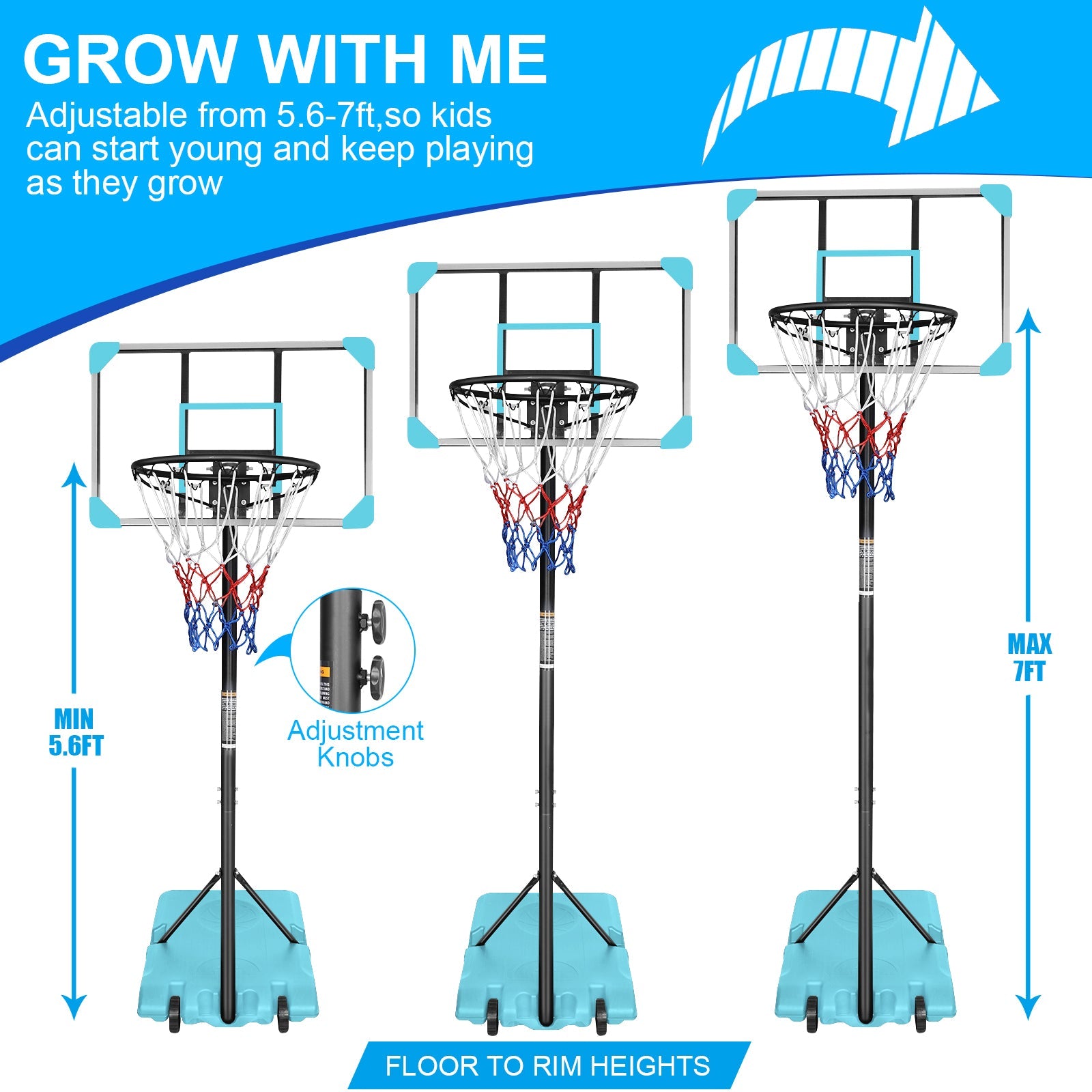 Portable Basketball Goal System Adjustable Height Wheels Stable Base Hoop