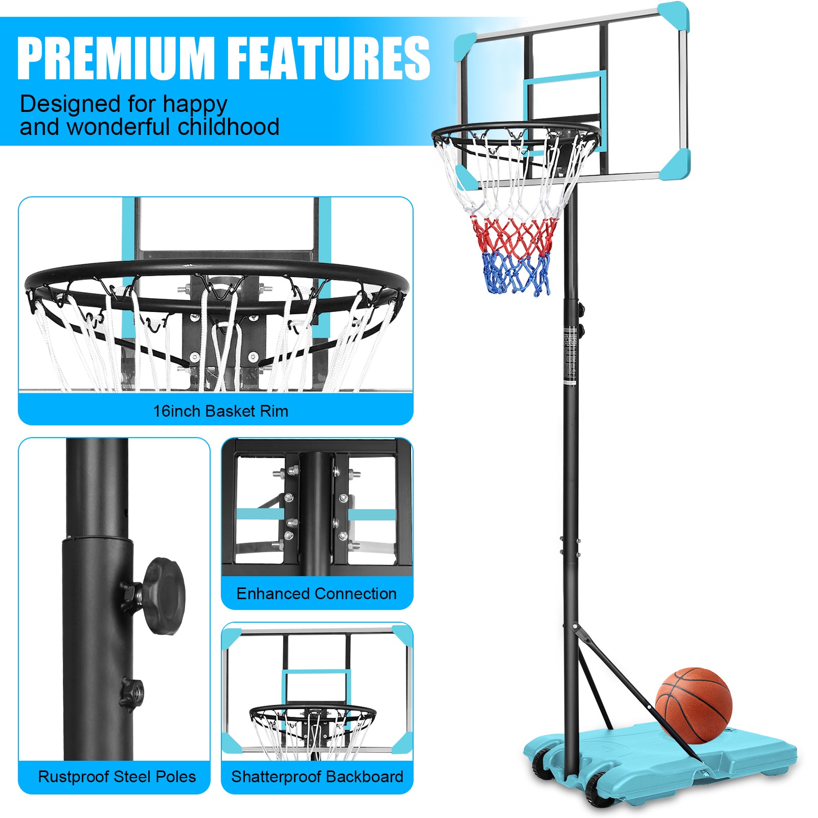 Portable Basketball Goal System Adjustable Height Wheels Stable Base Hoop