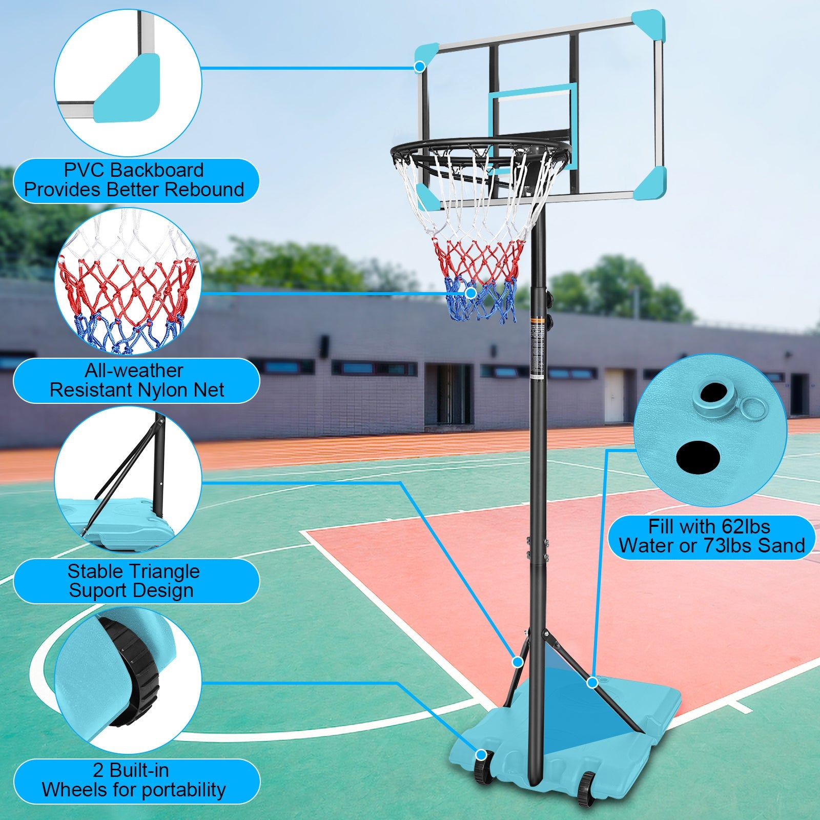 Portable Basketball Goal System Adjustable Height Wheels Stable Base Hoop