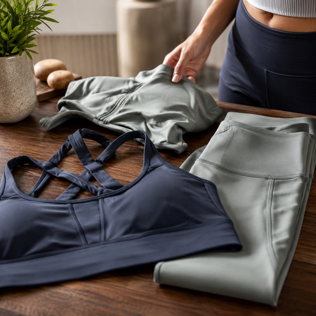 Person folding gray athletic pants on a wooden table with a sports bra and leggings.