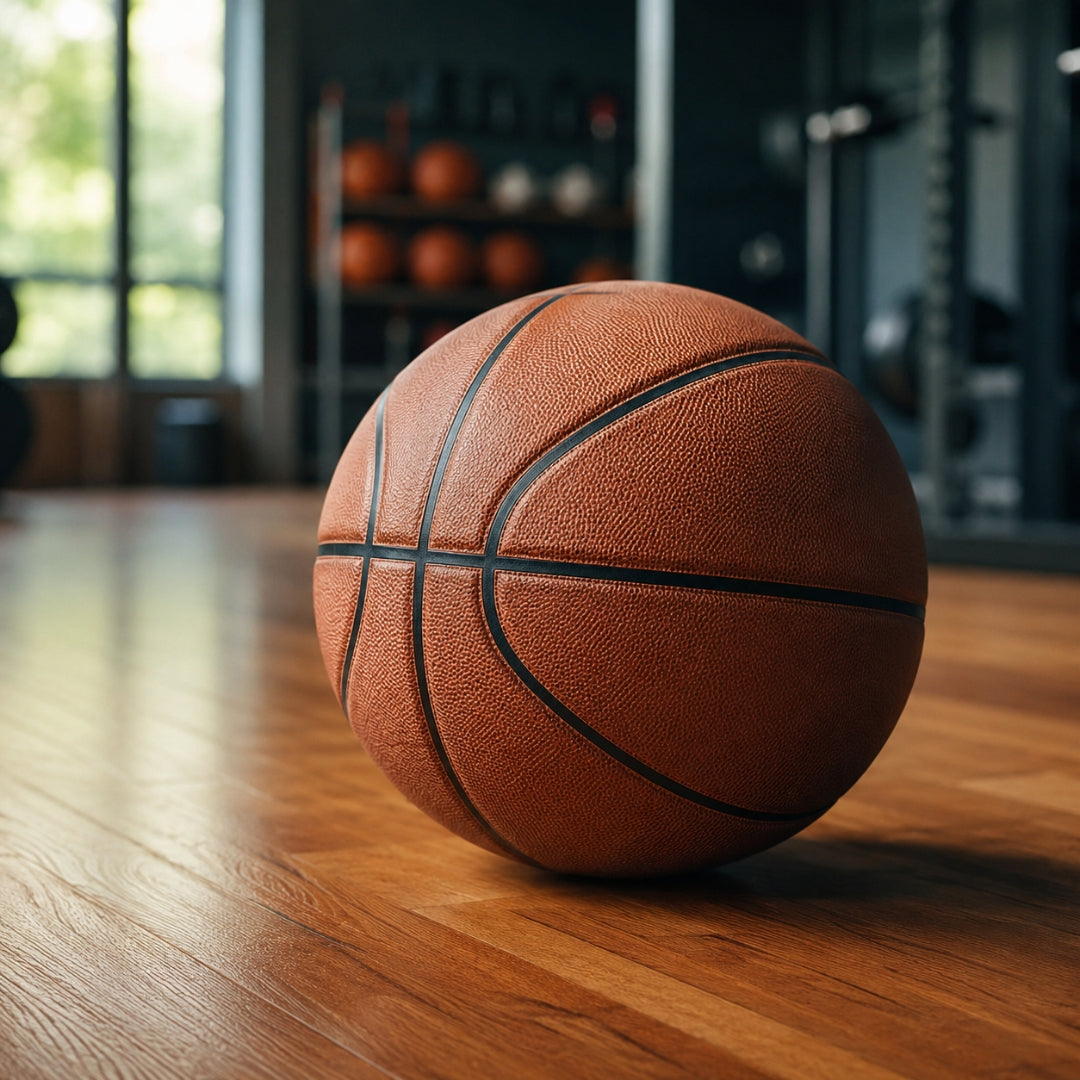 Basketball on a wooden floor with blurred sports equipment in the background