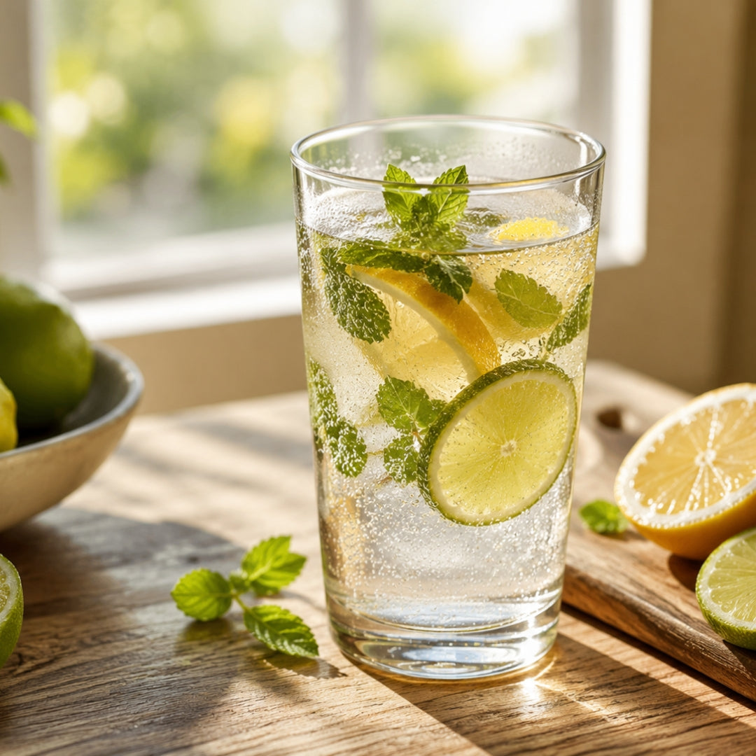Glass of lemon and lime water with mint leaves on a wooden table.
