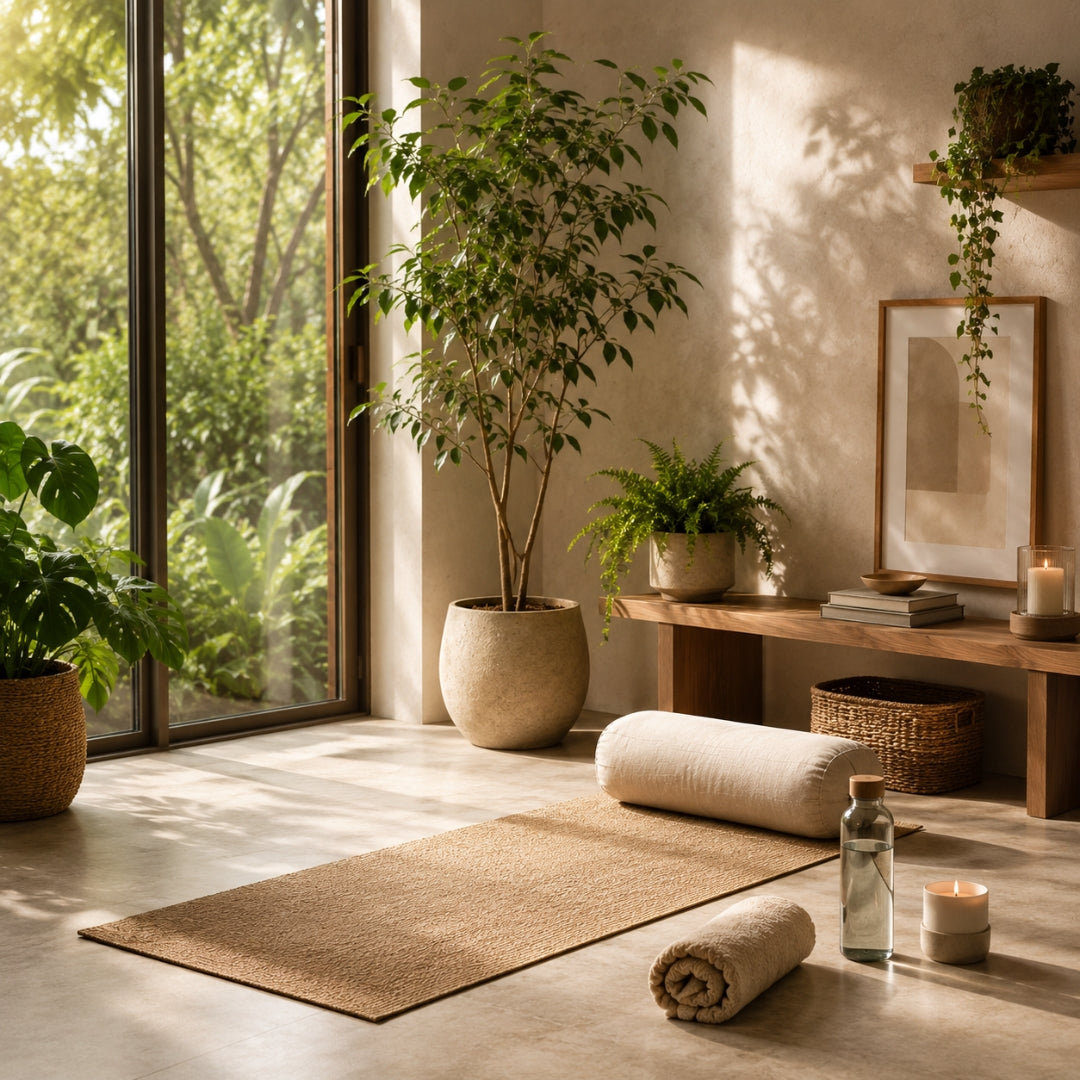Nestled corner of a room with plants, a rug, and a small table with a candle and bottle.
