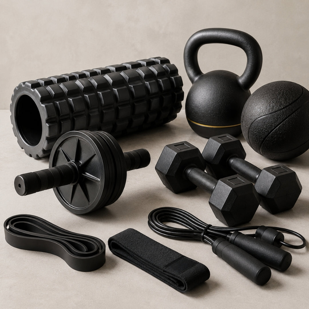 Collection of black fitness equipment including a kettlebell, dumbbells, and resistance bands on a beige background.