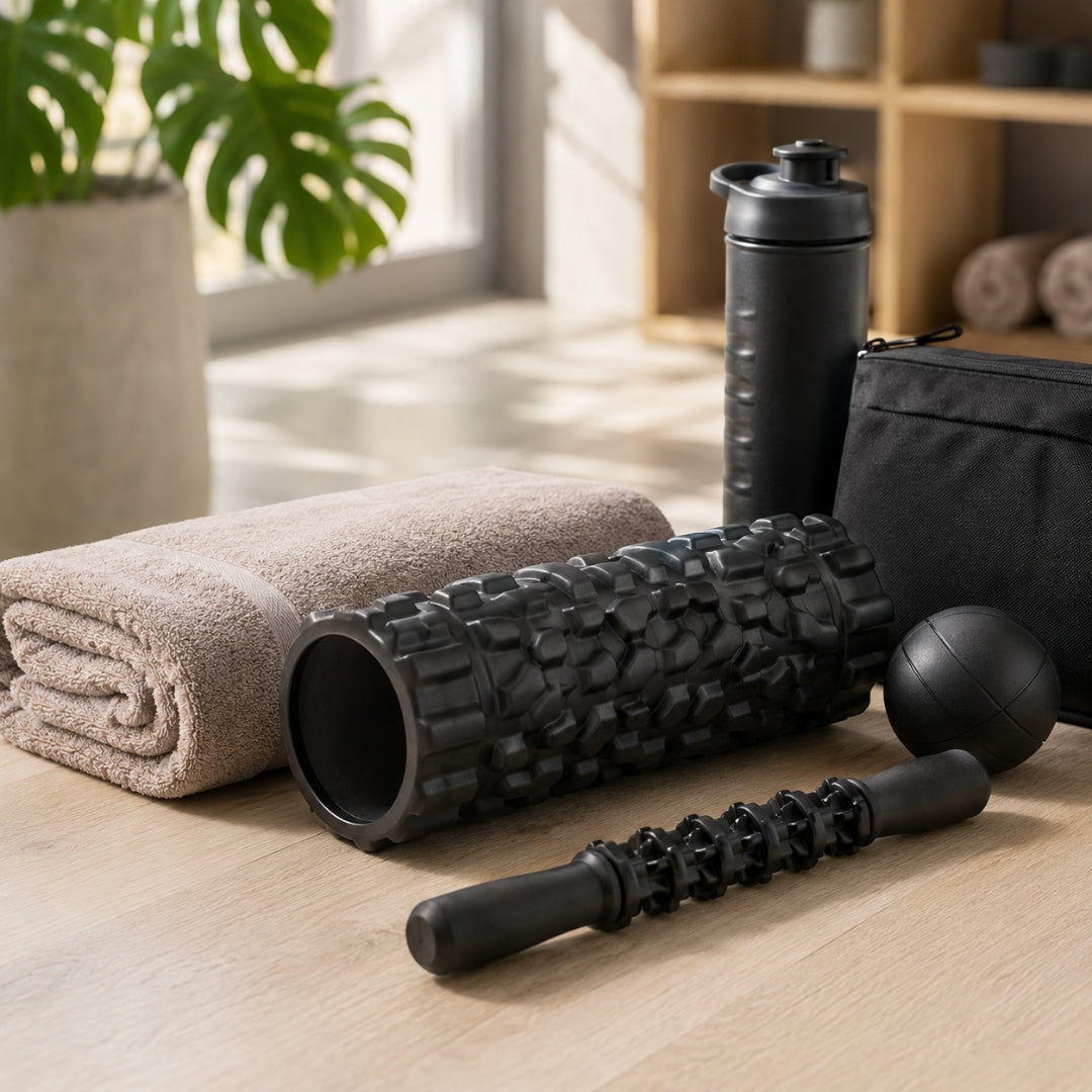 Massage roller, towel, and other fitness items on a wooden surface with a plant in the background.
