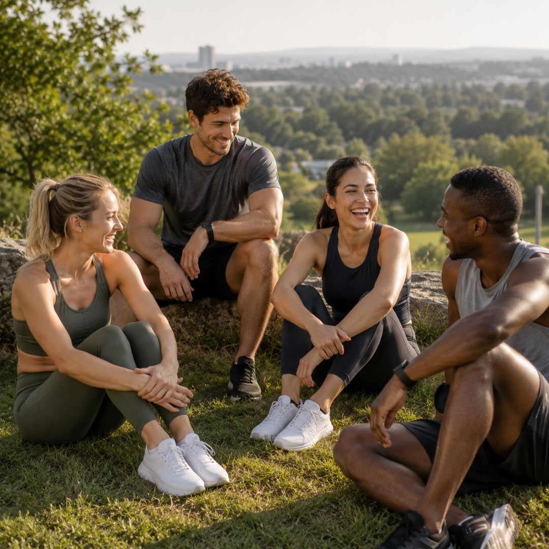 Four people sitting on a grassy hill with a scenic background