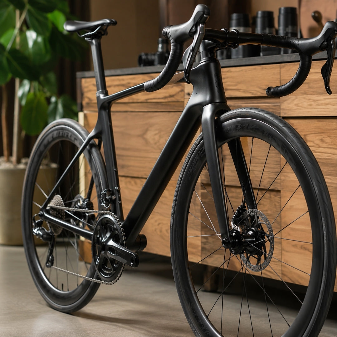 Black bicycle on a wooden floor with a plant in the background