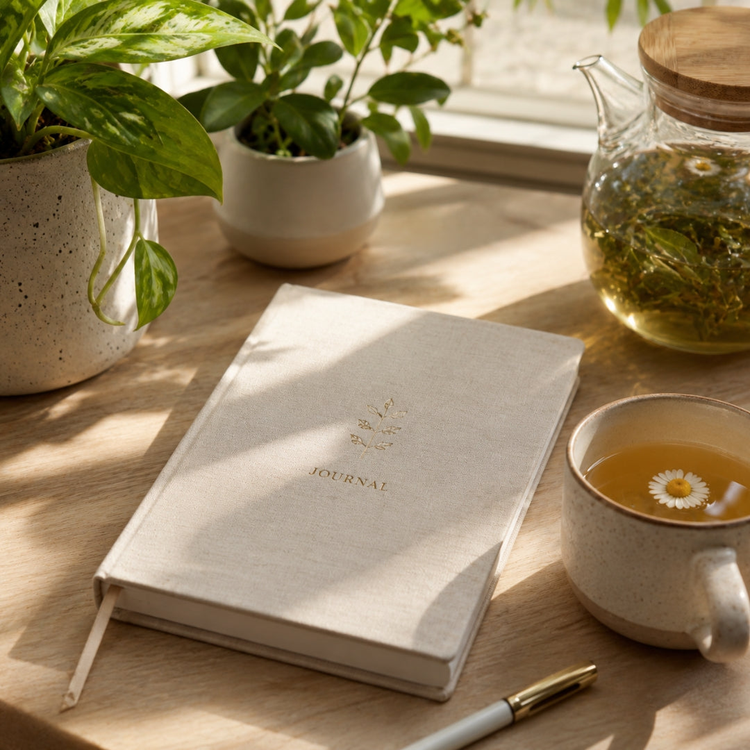 Journal on a wooden table with a cup of tea, teapot, and plants