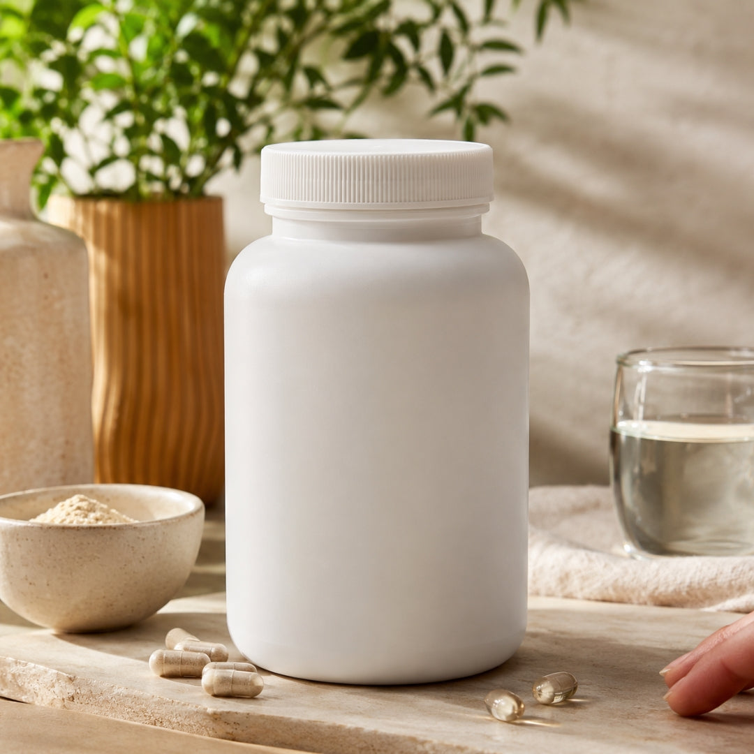 White supplement bottle on a wooden surface with a plant and glass of water in the background