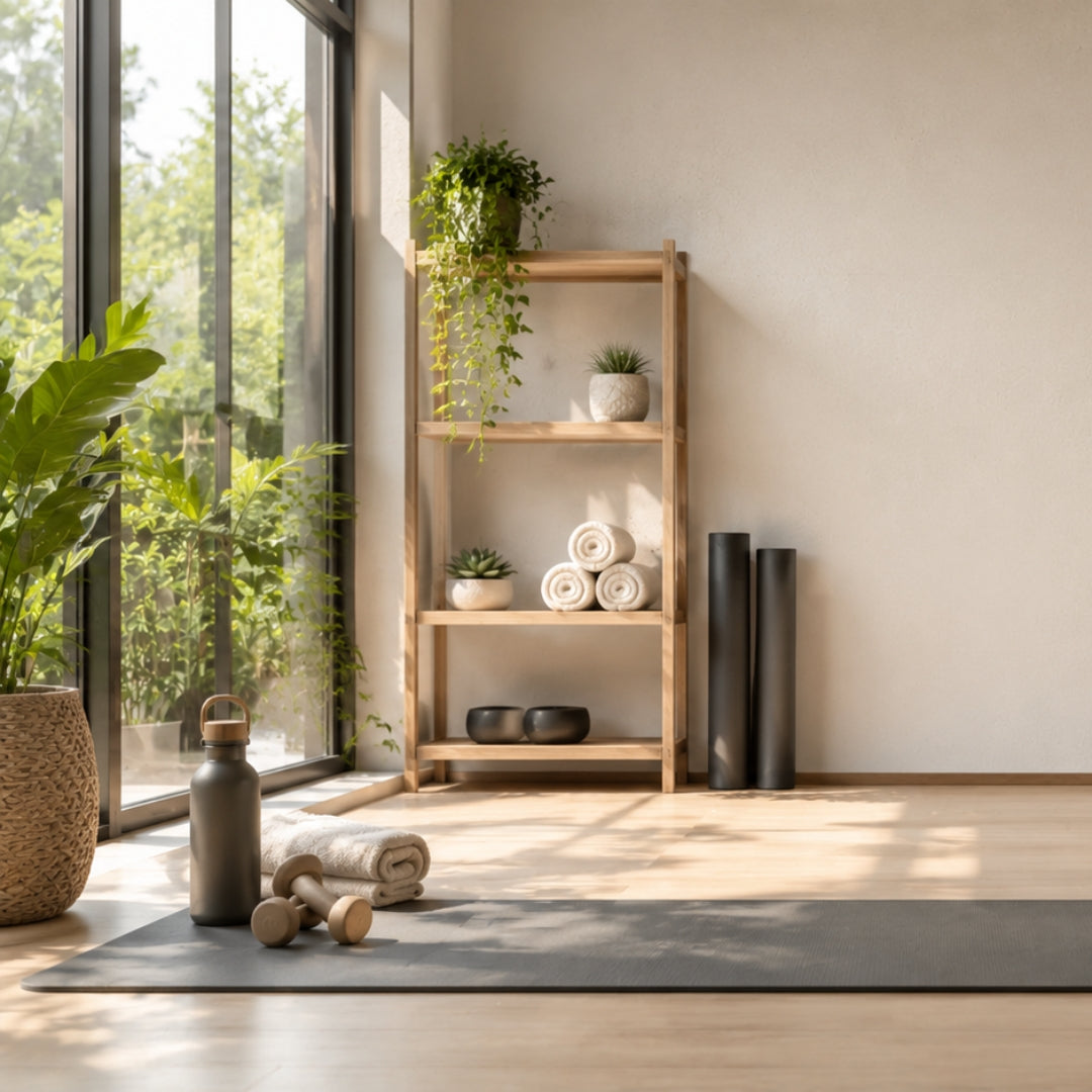 Yoga mat, yoga blocks, and a bottle on a mat in a room with a wooden shelf and plants.