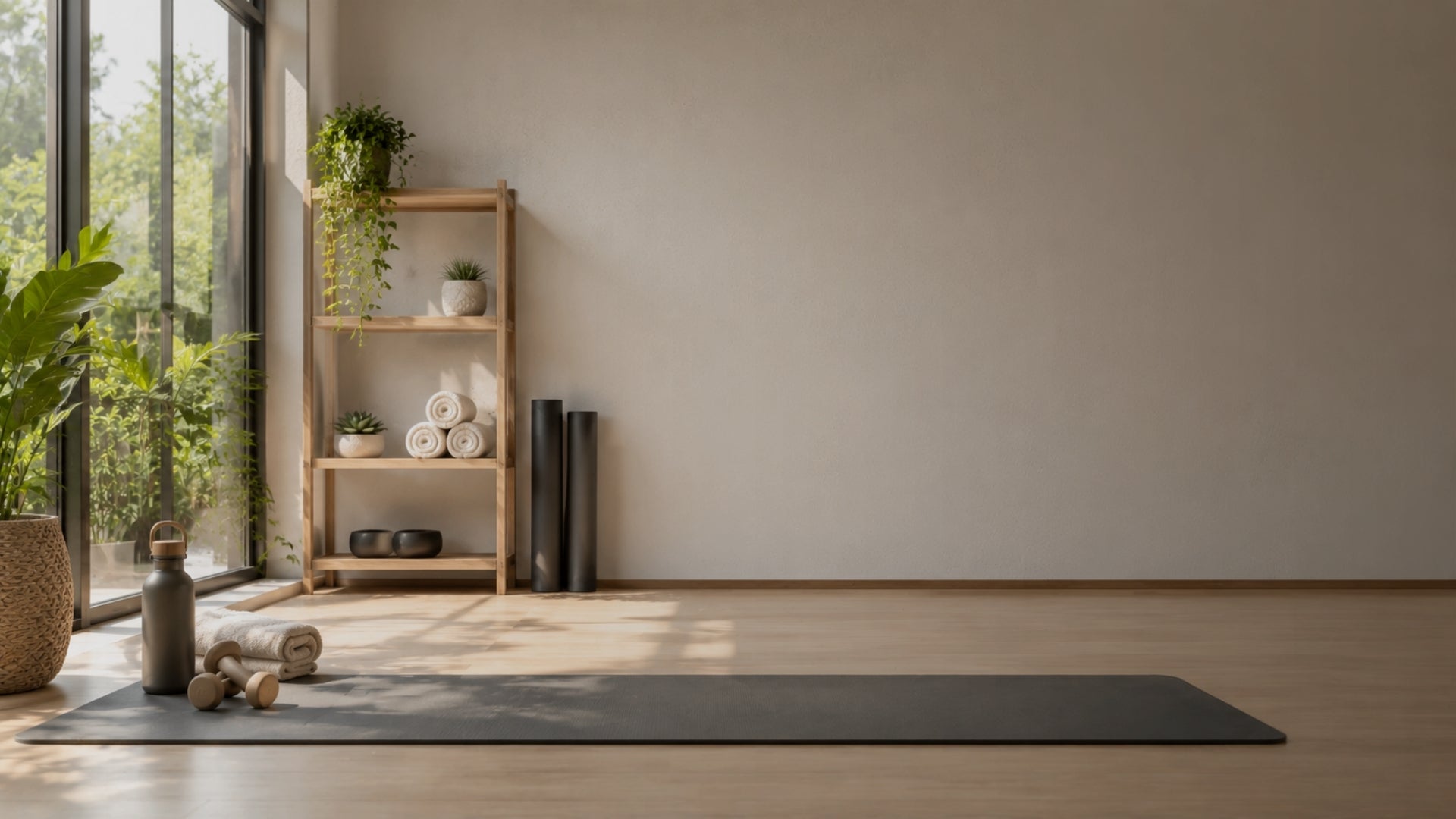 Yoga mat on a wooden floor with a shelf and plants in a room.